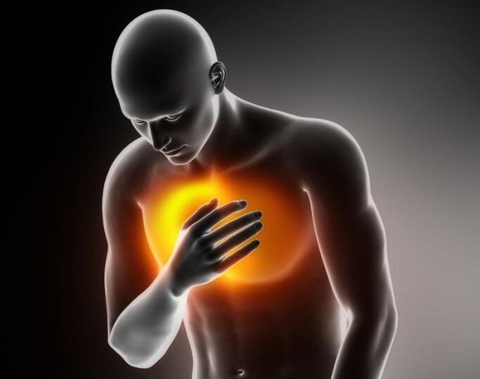 Akutna bolečina v prsih je eden od simptomov osteohondroze torakalne hrbtenice. 